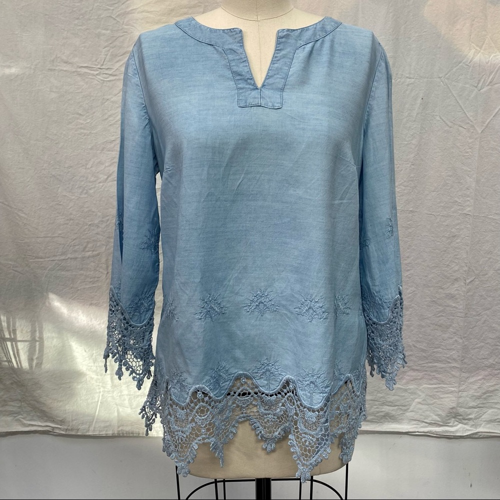 Chambray, lace trim tunic top by Chico